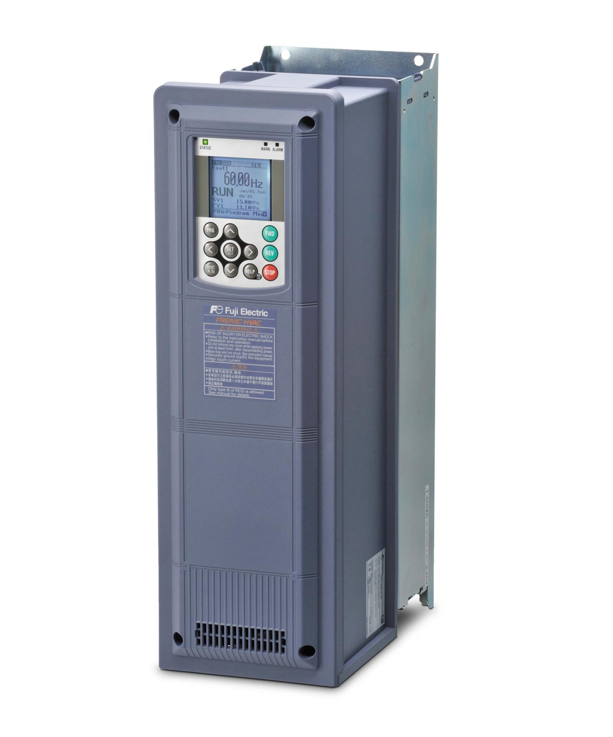 FRENIC HVAC (FRN-AR1) inverter con display LCD e keypad, corpo blu/grigio in plastica, connettori posteriori.
