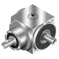 RINVII ANGOLARI AT-L1/R1: riduttore angolare in metallo con flange, alberi input/output e cuscinetti, elementi di fissaggio e alloggiamenti robusti