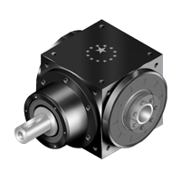 RINVII ANGOLARI ATB-C: riduttore angolare in alluminio, albero passante, flange, cuscinetti, corpo nero.