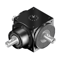 RINVII ANGOLARI ATB-L: corpo in alluminio anodizzato nero, ingranaggi angolari, albero in acciaio, flange e connettori elettrici
