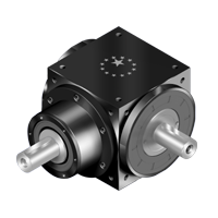 RINVII ANGOLARI ATB-L1/R1: scatola ingranaggi nera in alluminio, due alberi d'uscita, flange metalliche, cuscinetti e connettori cablaggio