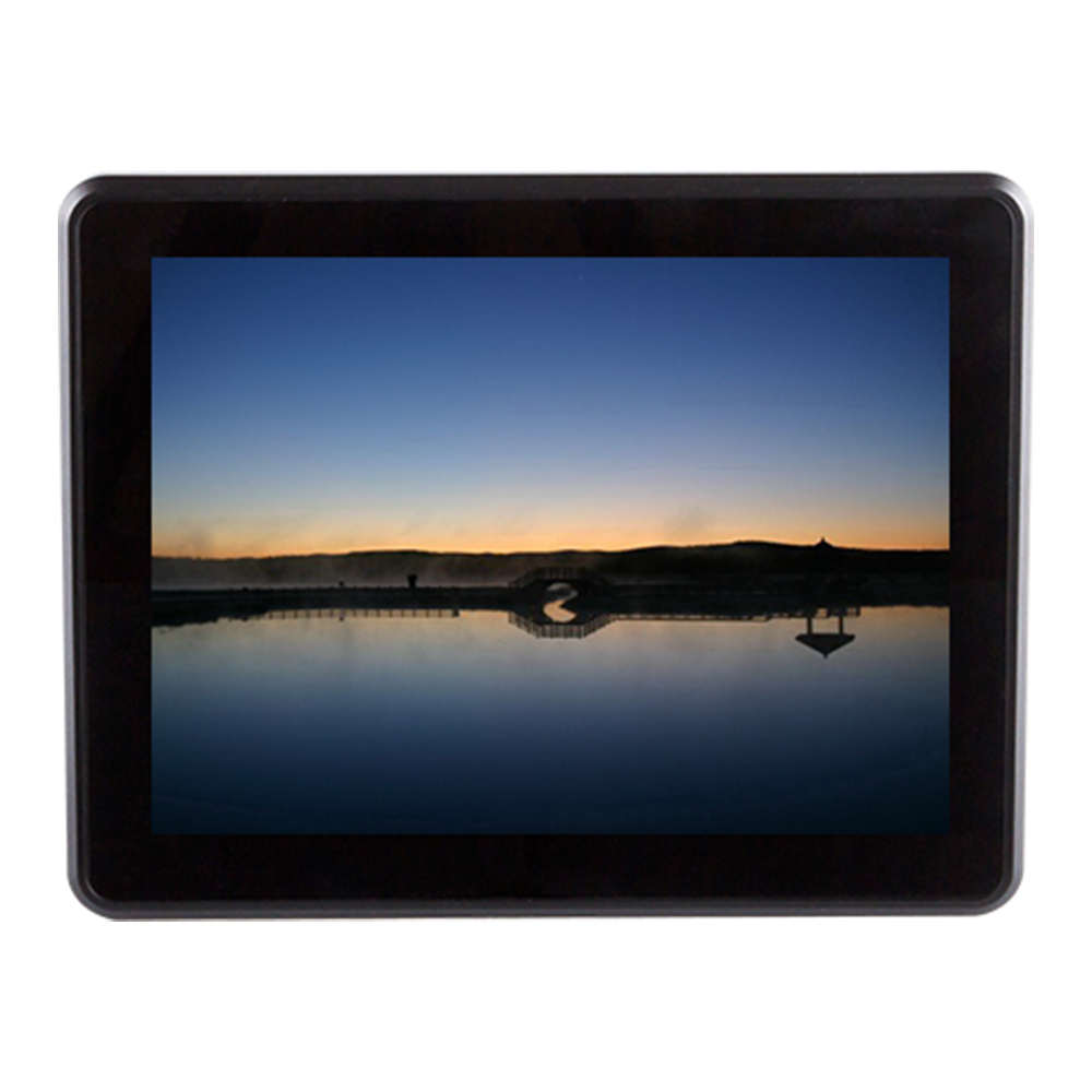 SERIE FE (FE010) display LCD touchscreen con telaio in alluminio, cornice nera e bordi arrotondati, componenti visibili limitati