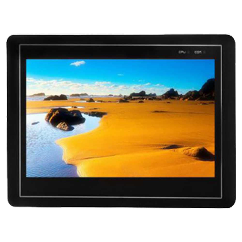 SERIE FE (FE4043C) monitor industriale LCD nero con cornice in plastica, schermo panoramico che mostra un paesaggio sabbioso; bordo sottile e cornice argentata minimalista