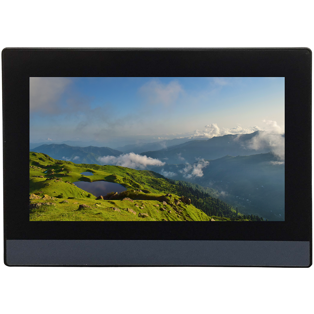 SERIE FE (FE6100CE) monitor industriale LCD con cornice nera in plastica e fascia inferiore grigia, schermo panoramico con paesaggio montano