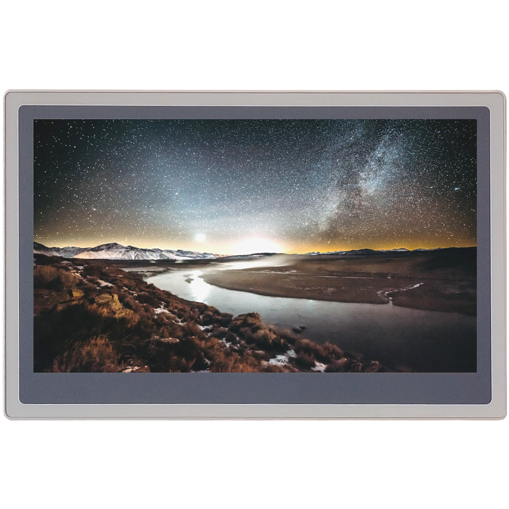 SERIE FE (FE6156H) monitor industriale LCD 15'' con cornice in alluminio, connessioni non visibili, paesaggio notturno sul display